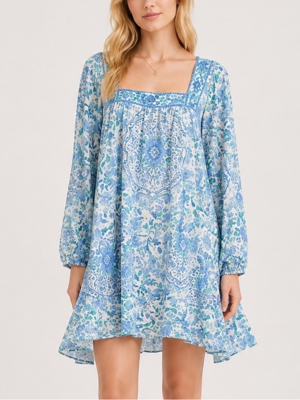 Johnny Was Blue Leilani Floral Medallion Square Neck Mini Dress 25785